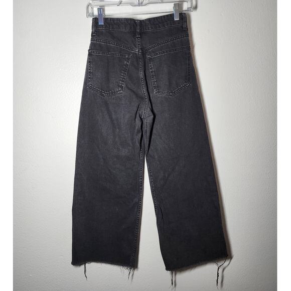 Zara Hi Rise Cropped Culotte Jean Unfinished Raw Hem Wide Leg Denim Washed Black - Picture 4 of 11